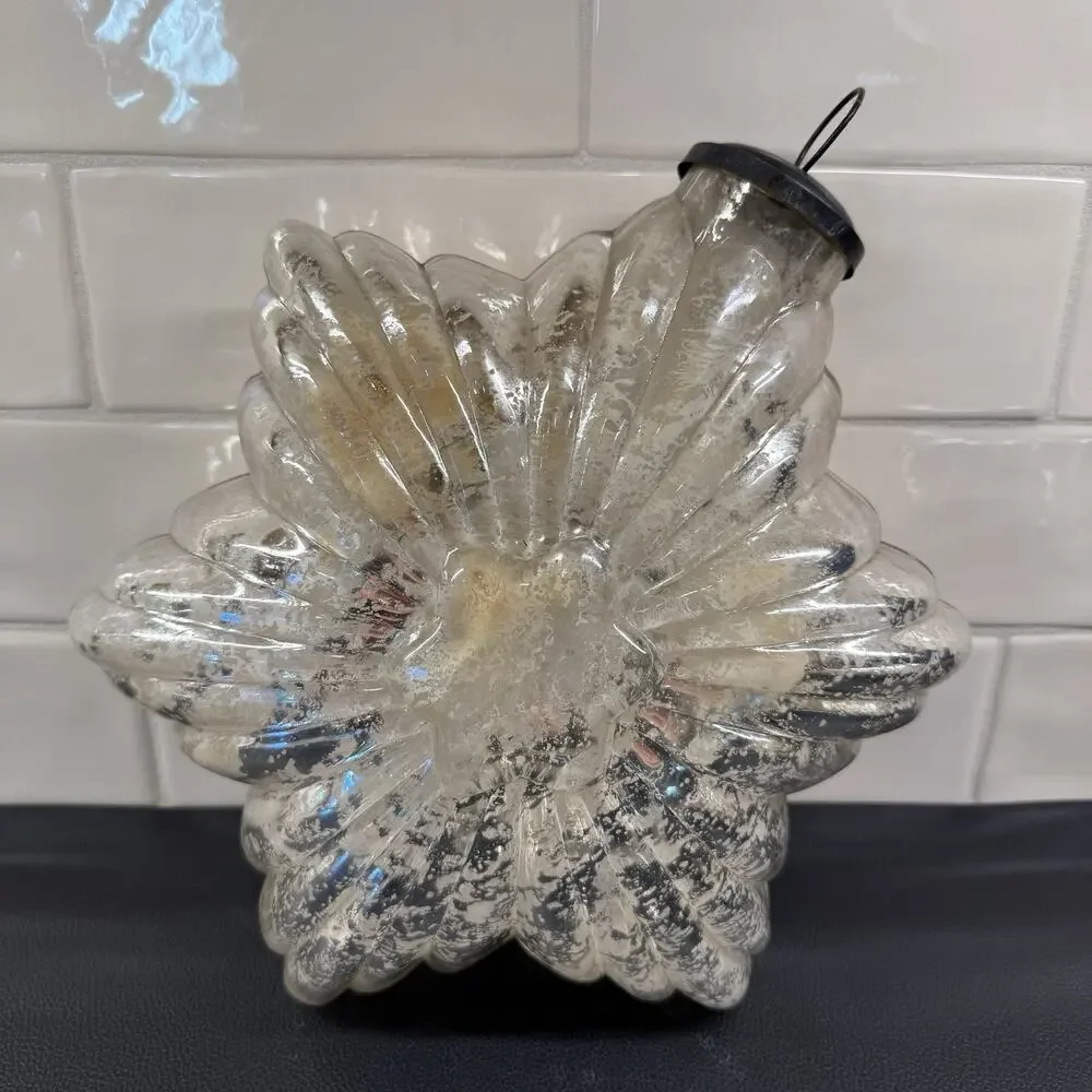 2 Large 10” Vintage Hand Blown Molded Mercury Glass Kugel Star Ornaments